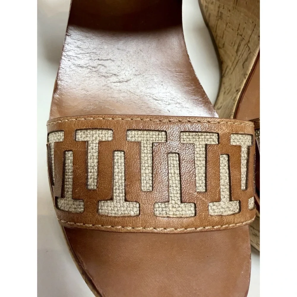 Tory Burch Regan Cork Wedge T Logo Brown Leather Sandal's Women's Size 9.5